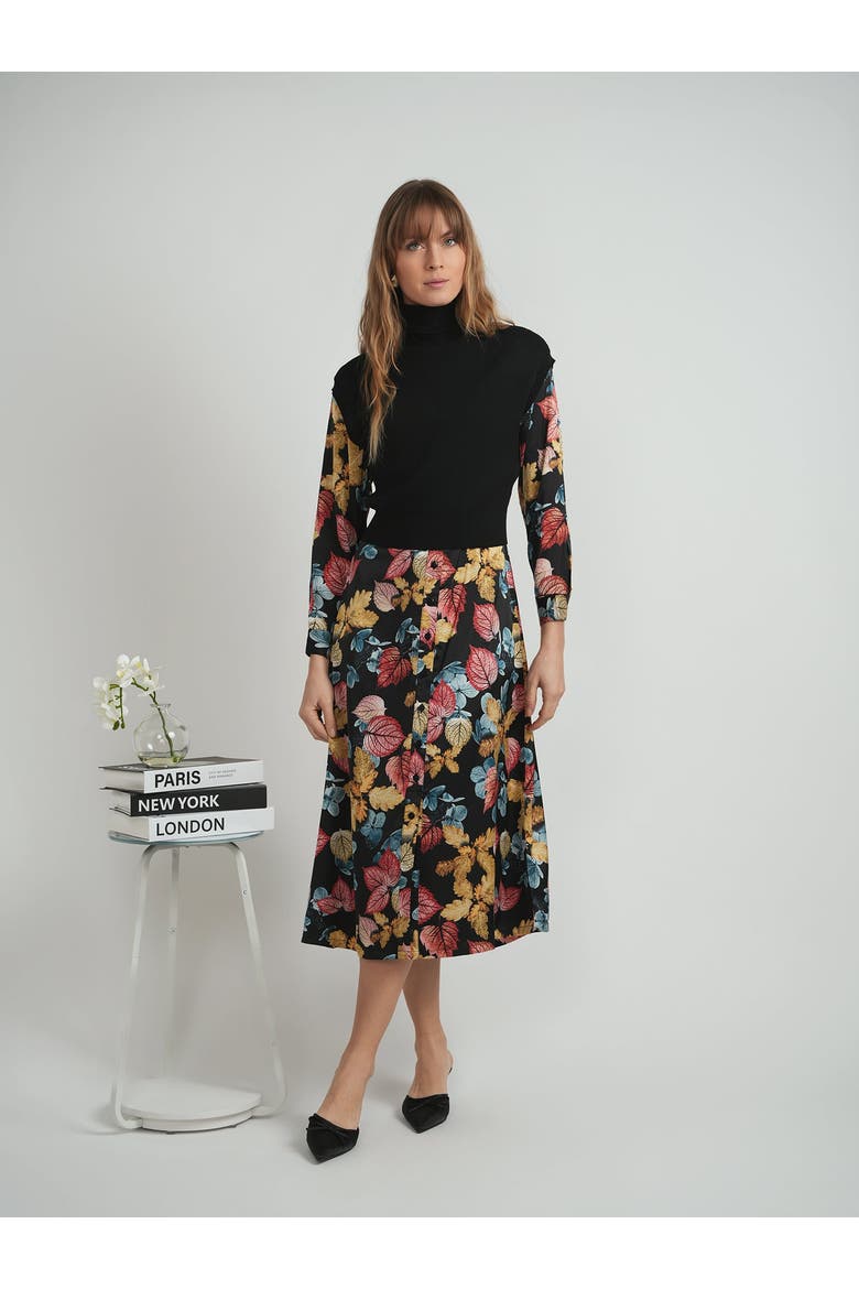 Satin Long Sleeve Button-Down Midi Shirt Dress, Alternate, color, Black Leafs
