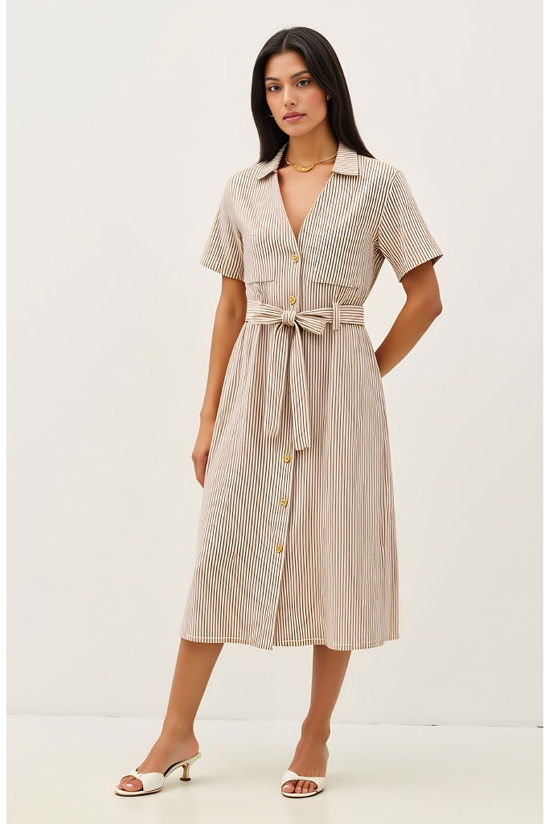 Striped Button-Down Midi Dress with Waist Tie and Collared Neckline, Alternate, color, Beige / Brown Striped
