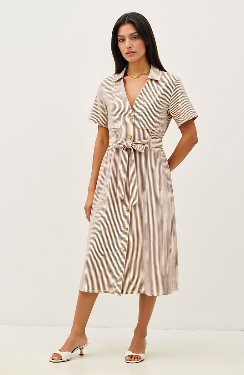 Modenaire Striped Button-Down Midi Dress with Waist Tie and Collared Neckline, Alternate, color, Beige / Brown Striped