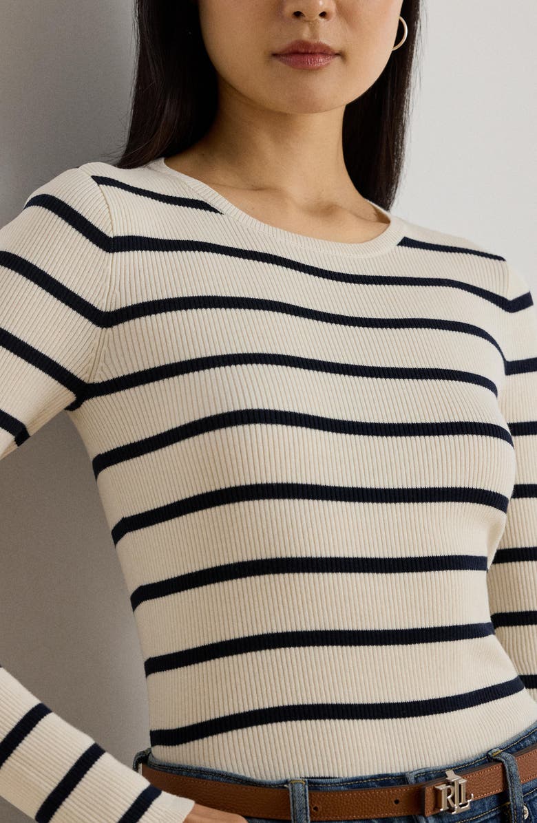 Lauren Ralph Lauren Striped Rib Knit Crewneck Sweater, Alternate, color, Mascarpone Cream/ Lauren Navy