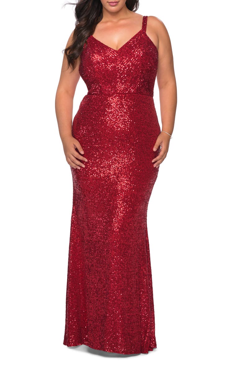 La Femme Sequined Curvy Dress with Criss Cross Back, Main, color, Red