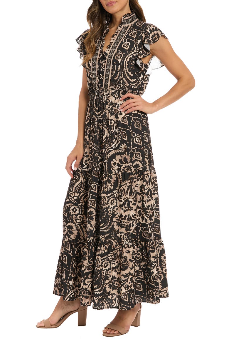 Ruffle Flutter Sleeve Tiered Maxi Dress, Alternate, color, BONE/ BLACK