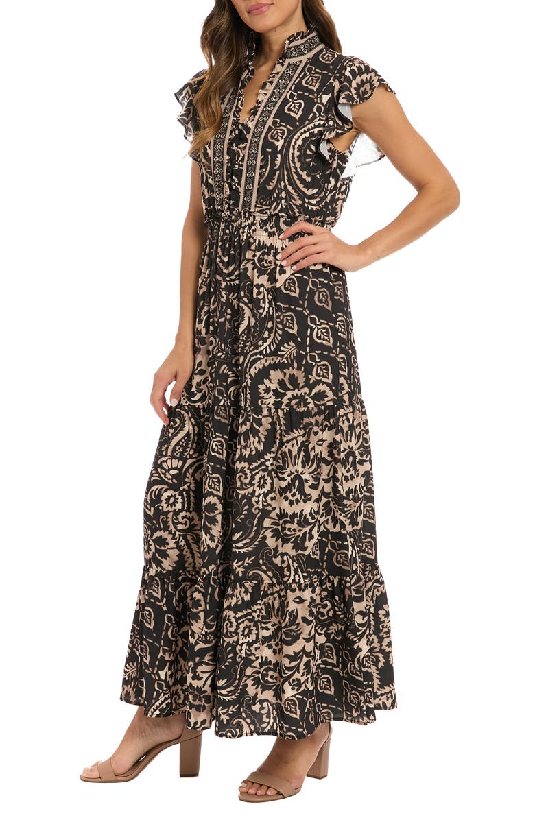 London Times Ruffle Flutter Sleeve Tiered Maxi Dress, Alternate, color, Bone/ Black