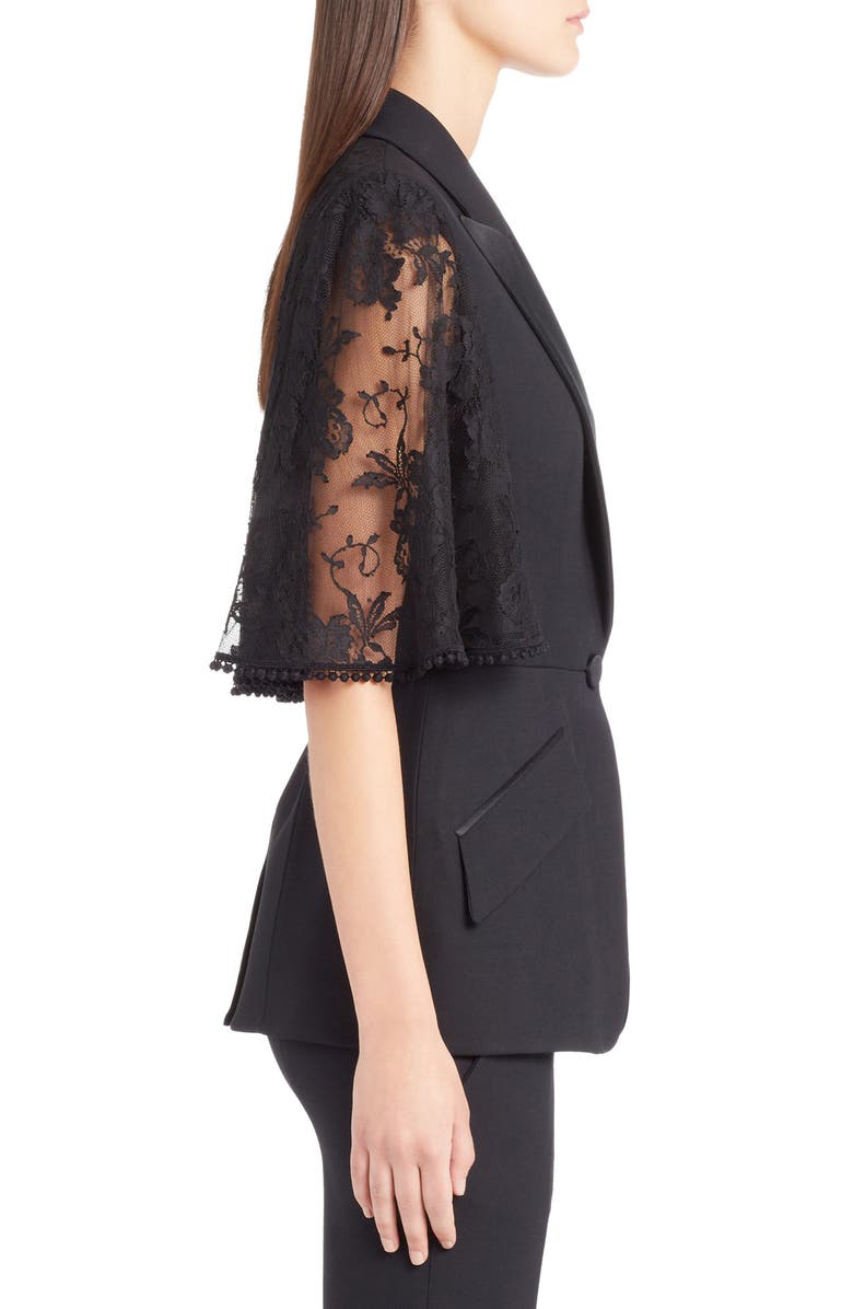 McQueen Alexander McQueen Lace Cape Wool & Silk Blend Blazer, Alternate, color,