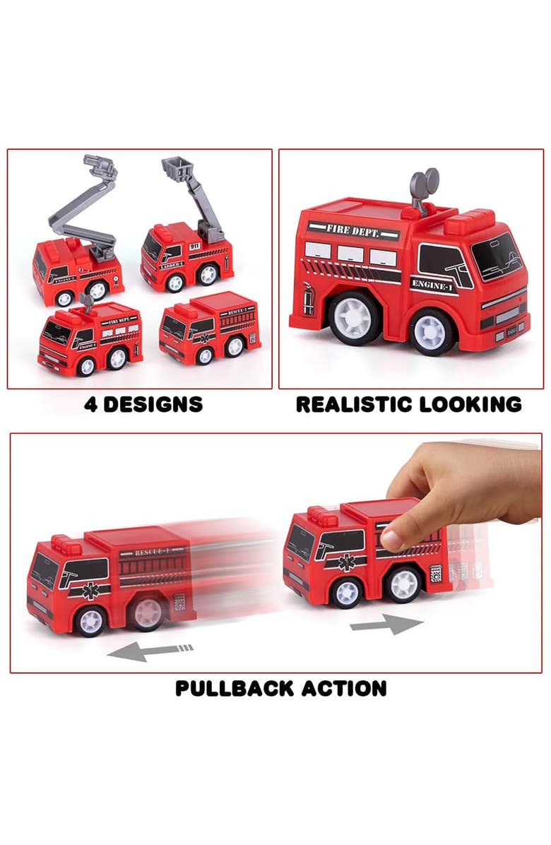 ArtCreativity Mini Pullback Fire Trucks 24 Pack, 4 Designs, Red Rescue Vehicles, Alternate, color, Multicolored