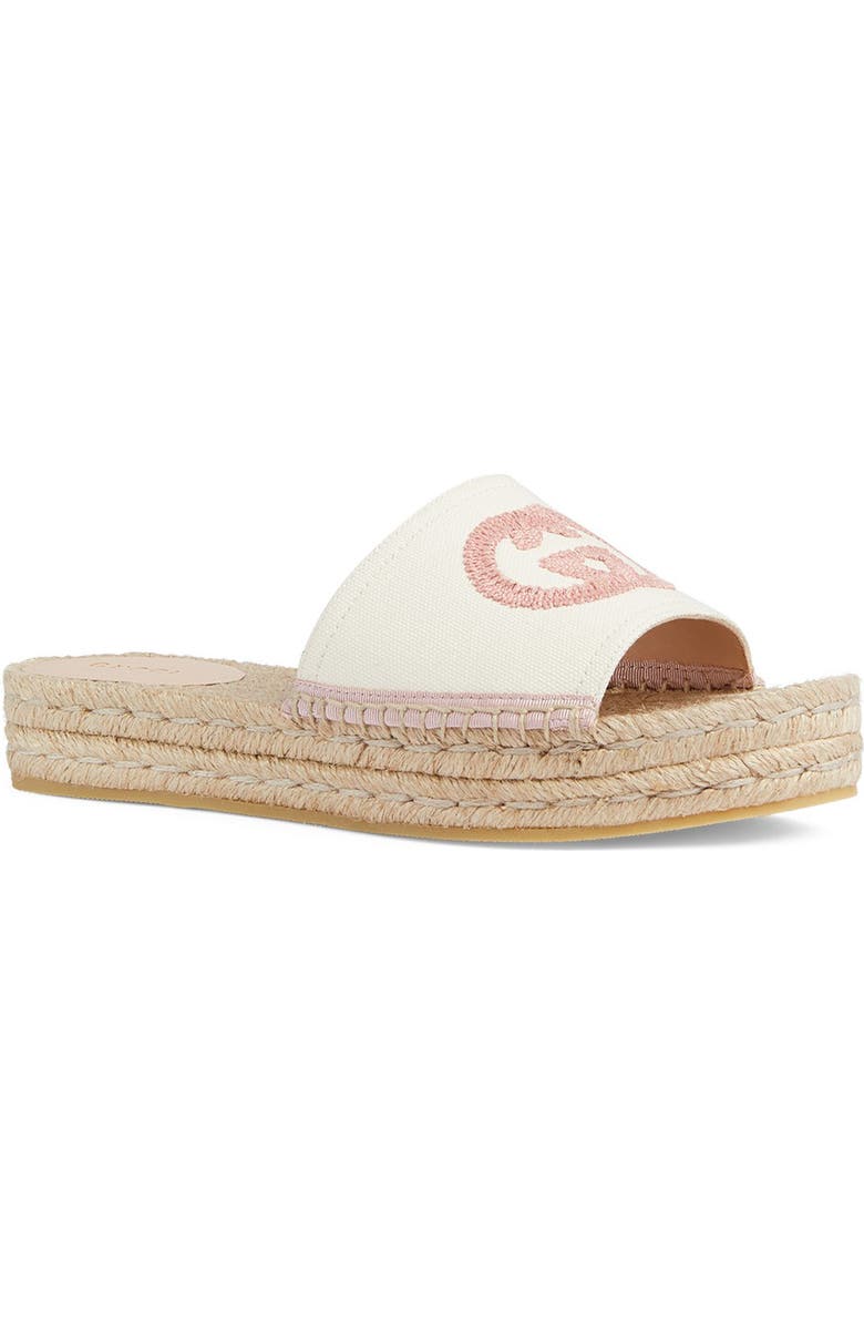 Gucci Pilar Interlocking G Embroidered Canvas Espadrille Slide Sandal, Main, color,
