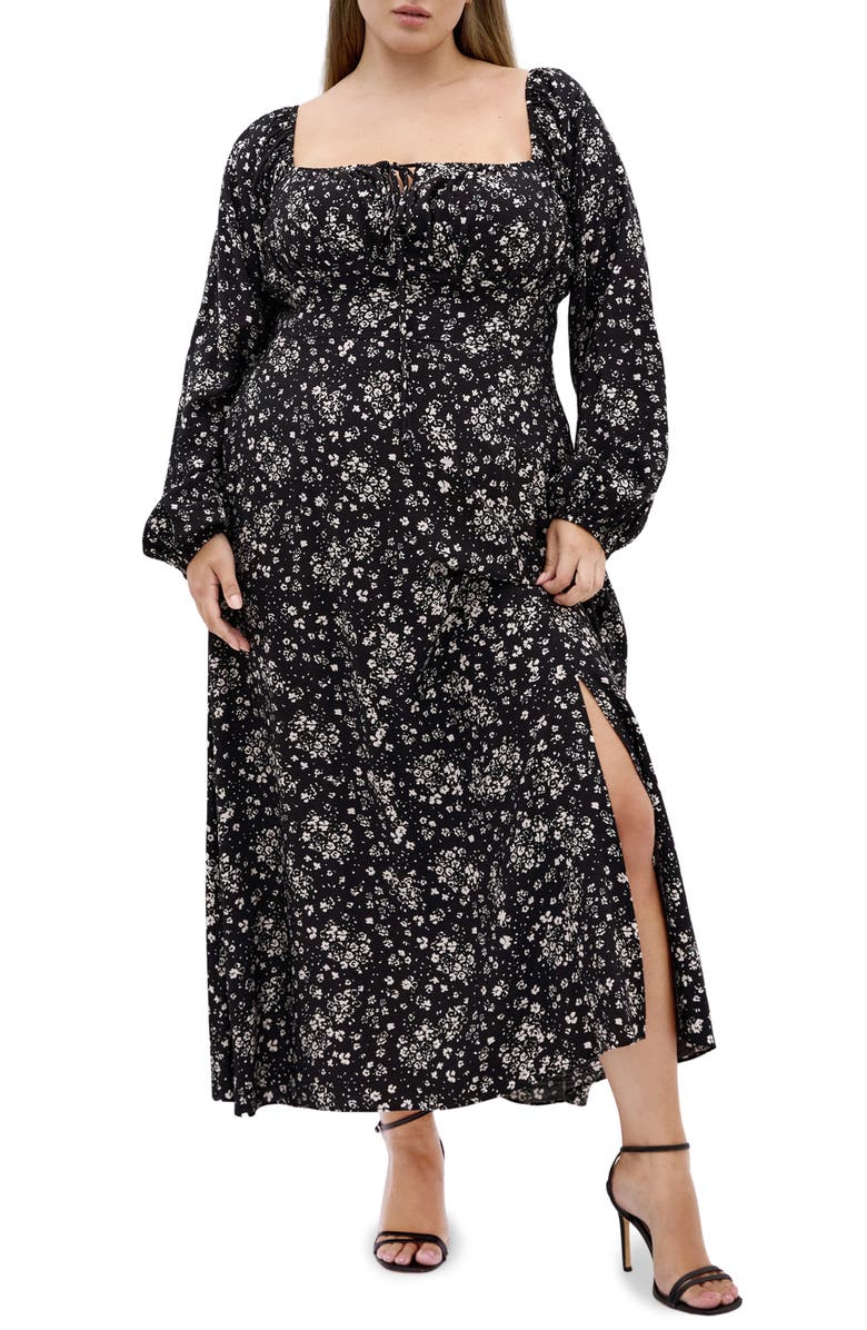 City Chic Abbigail Long Sleeve Floral Print Dress, Main, color, Black Ditsy