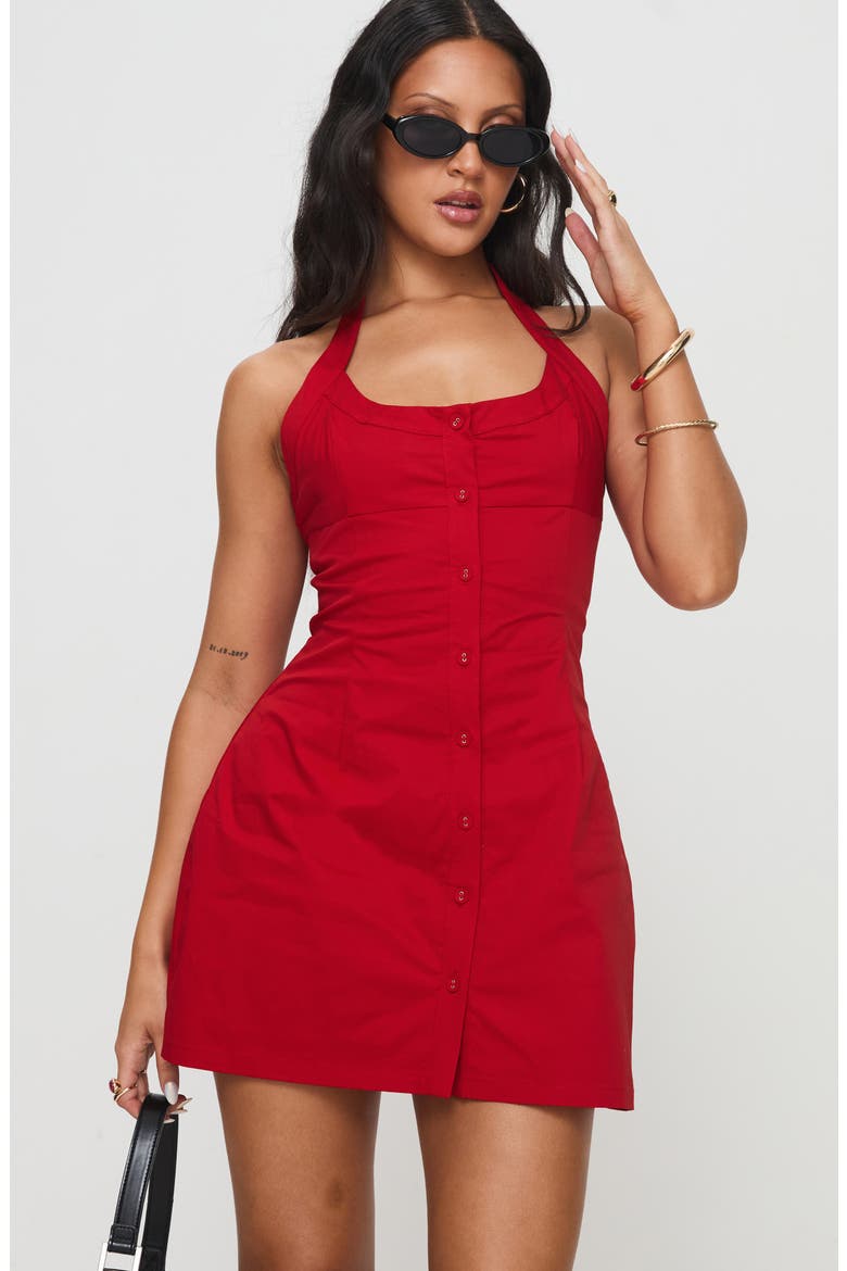 Mallorie Button-Up Halter Minidress, Alternate, color, RED