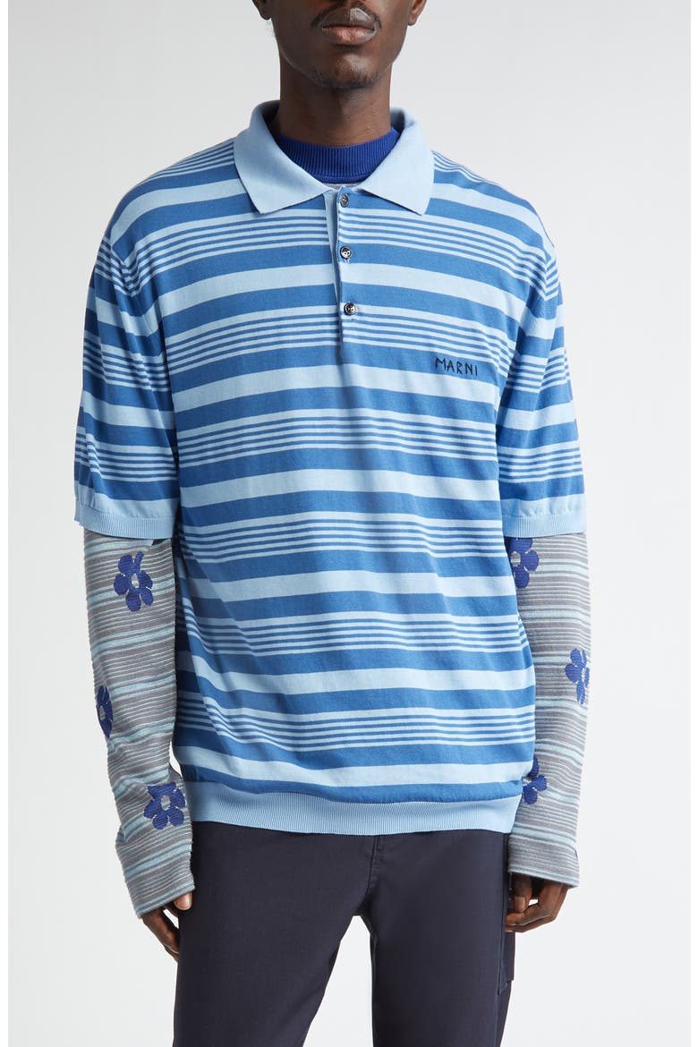Stripe Relaxed Fit Cotton Polo Sweater, Main, color, AZURE