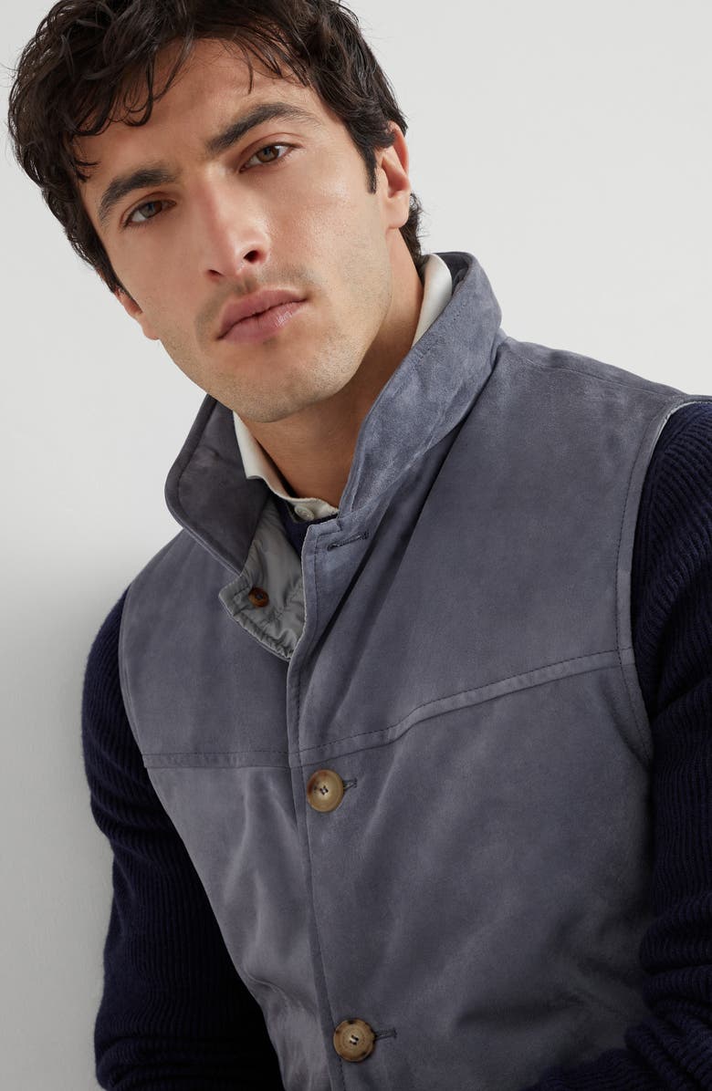 Brunello Cucinelli Suede down vest, Alternate, color, Denim