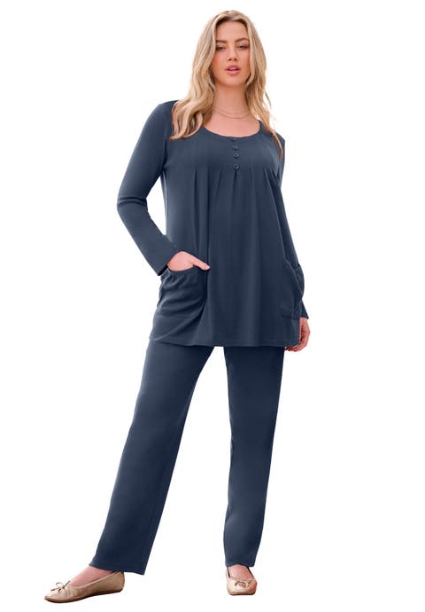 Plus Size Two Pocket Long Sleeve Soft Knit Swing Tunic