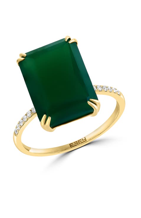 14K Yellow Gold Emerald Cut Green Onyx & Diamond Ring