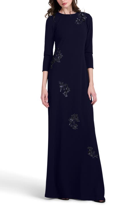 Crystal Floral Detail Stretch Crepe Gown