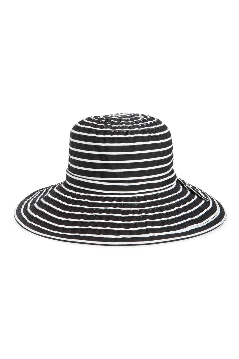 Striped Ribbon Sun Hat, Main, color, BLACK/ WHITE
