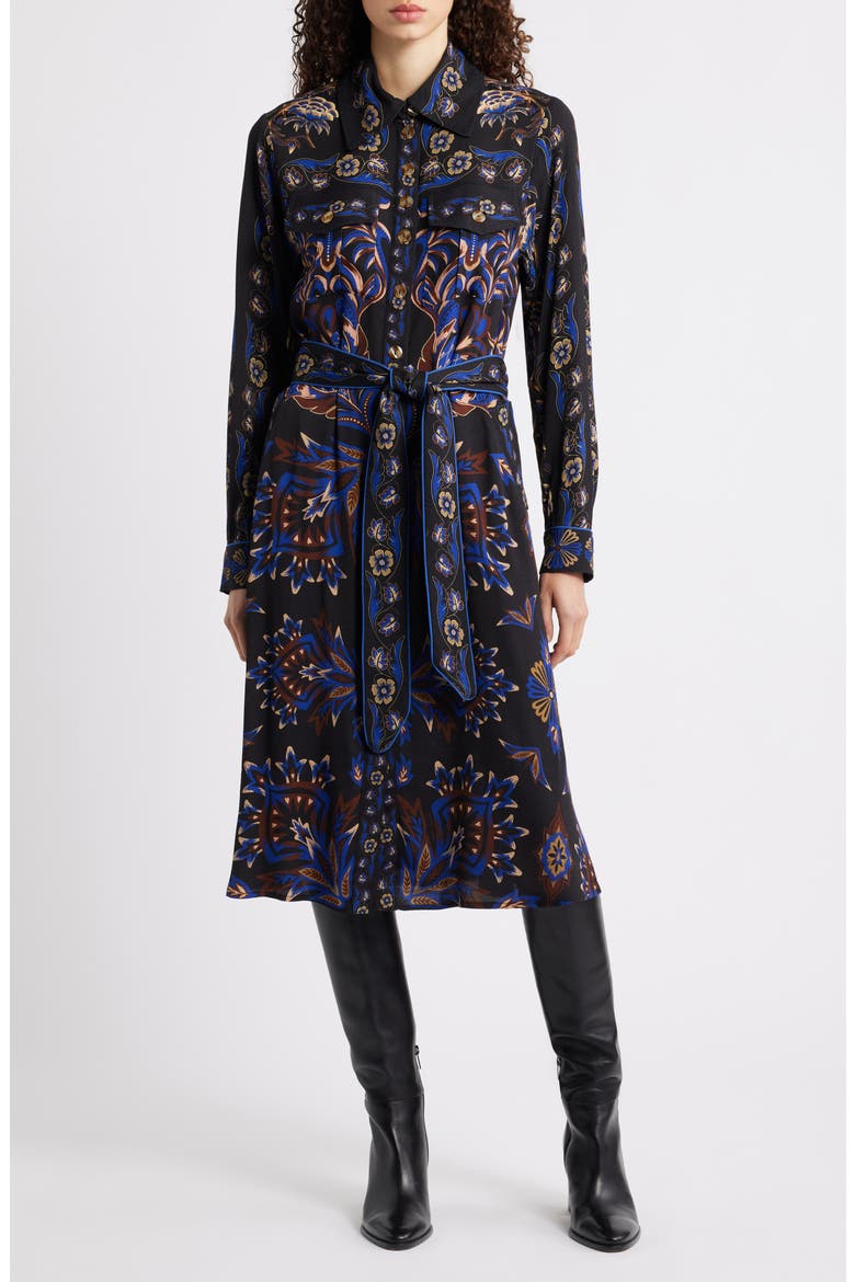 Arabesque Mix Scarves Long Sleeve Tie Belt Shirtdress, Main, color, BLACK
