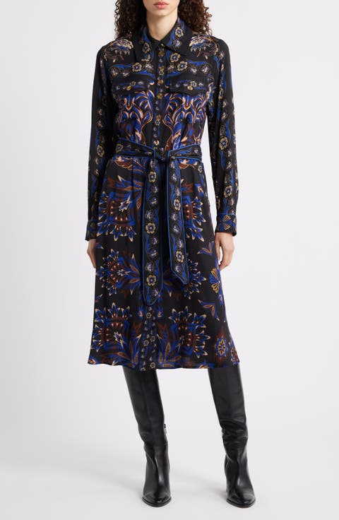 Arabesque Mix Scarves Long Sleeve Tie Belt Shirtdress