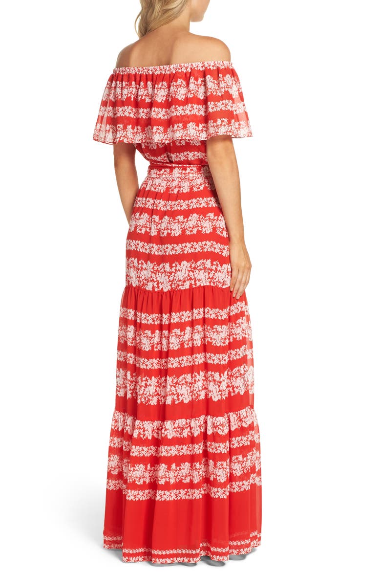 Off the Shoulder Maxi Dress, Alternate, color, RED/ IVORY