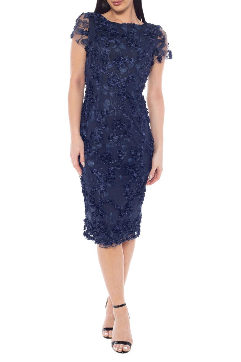 3D Flower Petal Appliqué Midi Dress, Main, color, NAVY