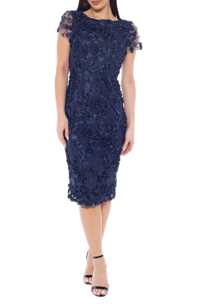 Oleg Cassini 3D Flower Petal Appliqué Midi Dress, Main, color, Navy
