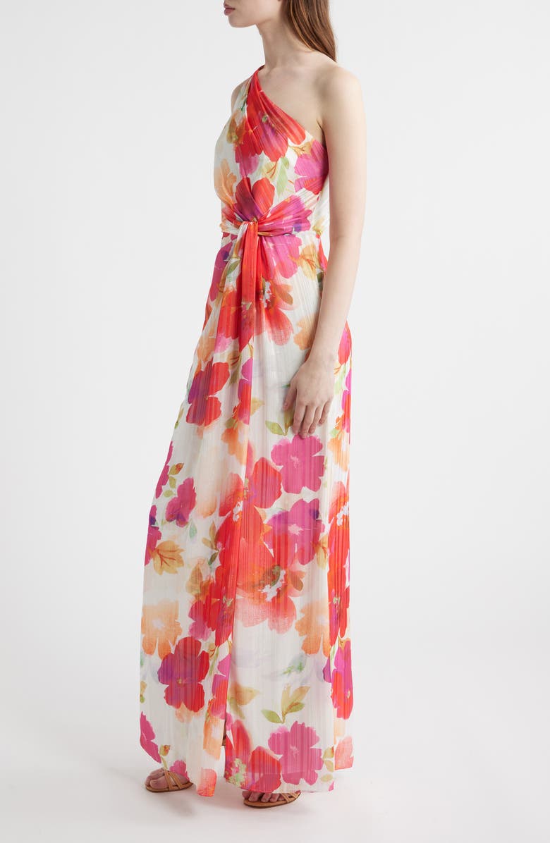 Adrianna Papell Metallic Floral One-Shoulder Gown, Alternate, color, Ivory/ Coral/ Pink Multi
