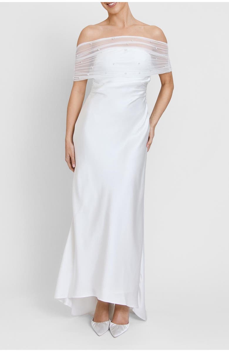 Six Stories Bardot Detail Beaded Satin Midaxi Dress, Alternate, color, White