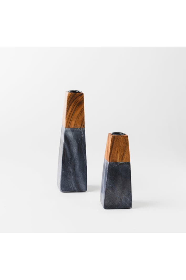 Tapered Black Marble & Acacia Sculptural Candleholders, Alternate, color, Black - Large