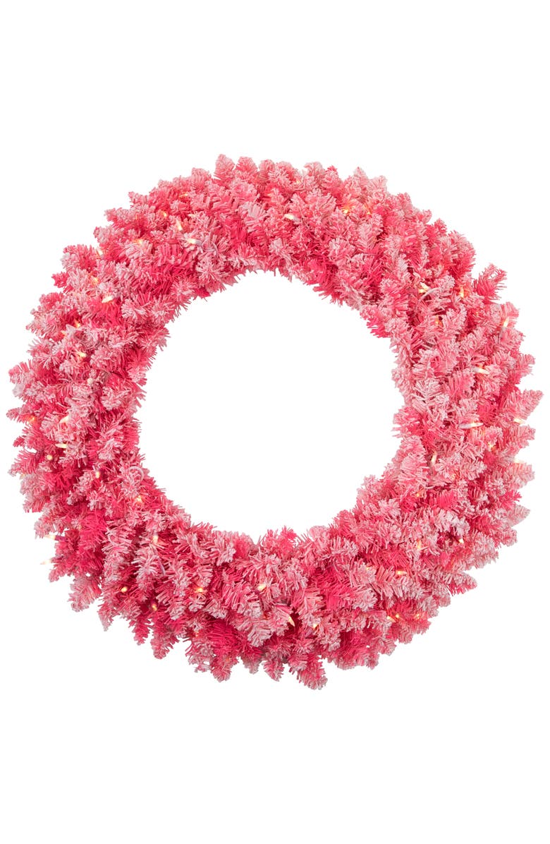 Northlight Pre-Lit Flocked Pink Artificial Christmas Wreath - 36 Inch, Clear Lights, Main, color, Pink