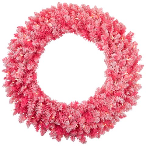 Pre-Lit Flocked Pink Artificial Christmas Wreath - 36 Inch, Clear Lights