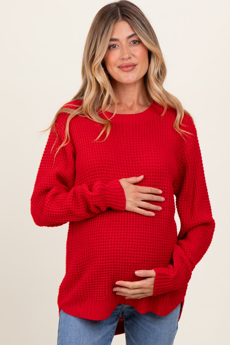 Waffle Knit Rounded Hem Sweater, Alternate, color, Red