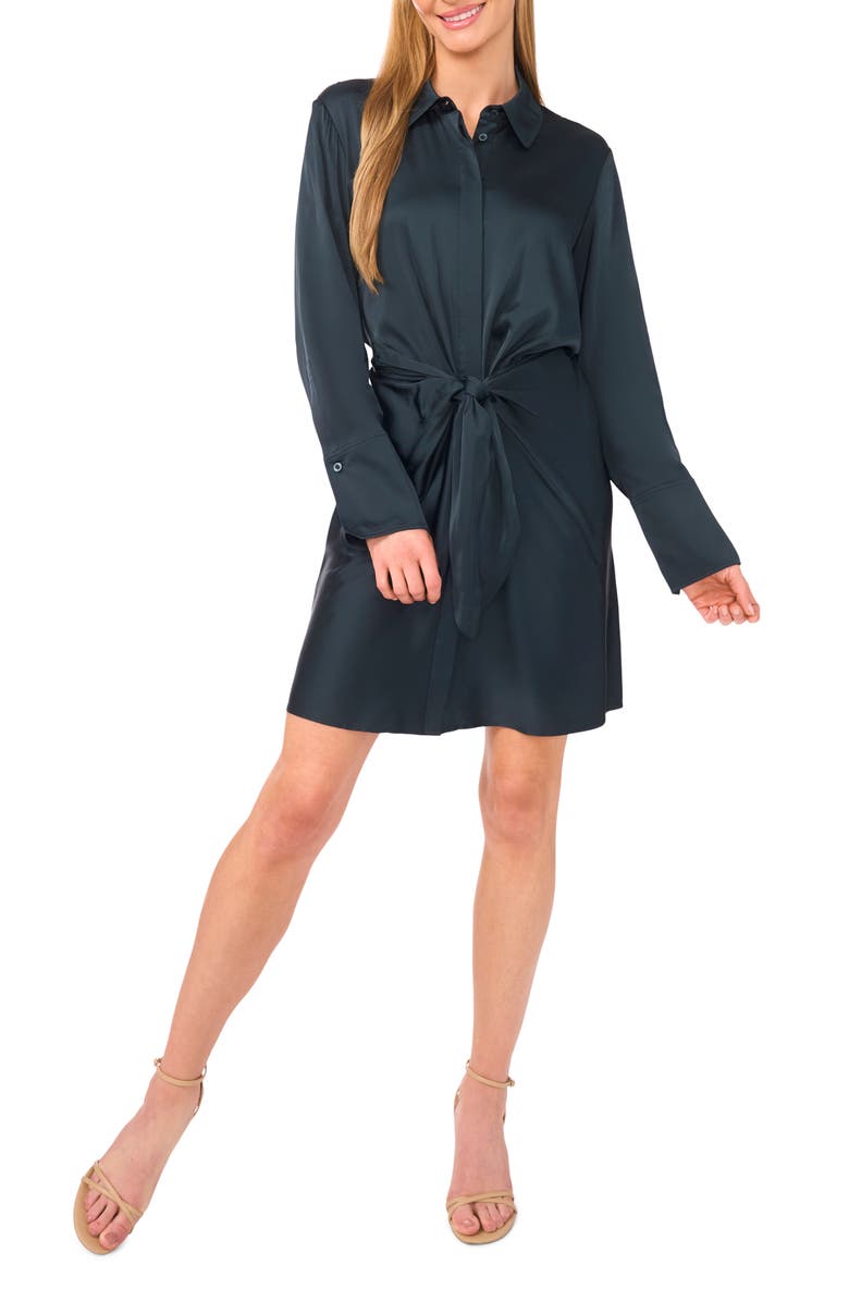 Ted Baker Center Twist Long Sleeve Hammered Satin Shirtdress, Main, color, Forest River