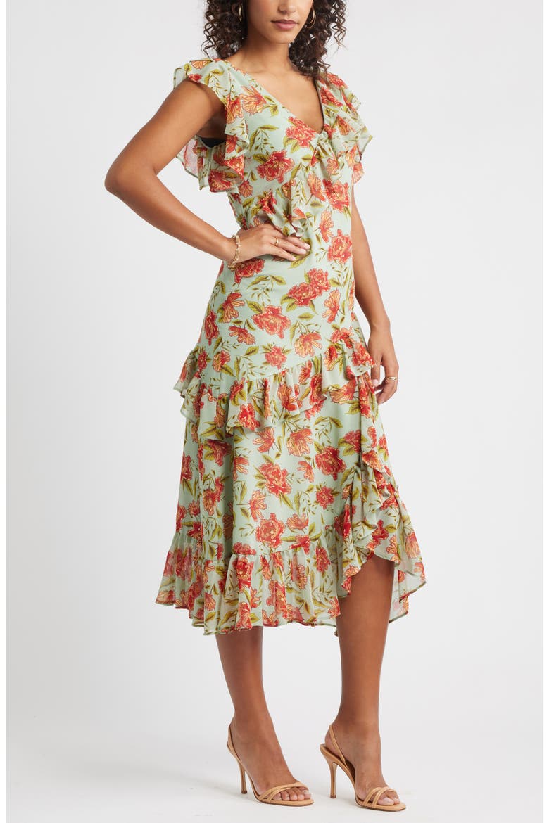 Ruffle Tiered Chiffon Midi Dress, Alternate, color, GREEN- RED FRANNIE FLORAL