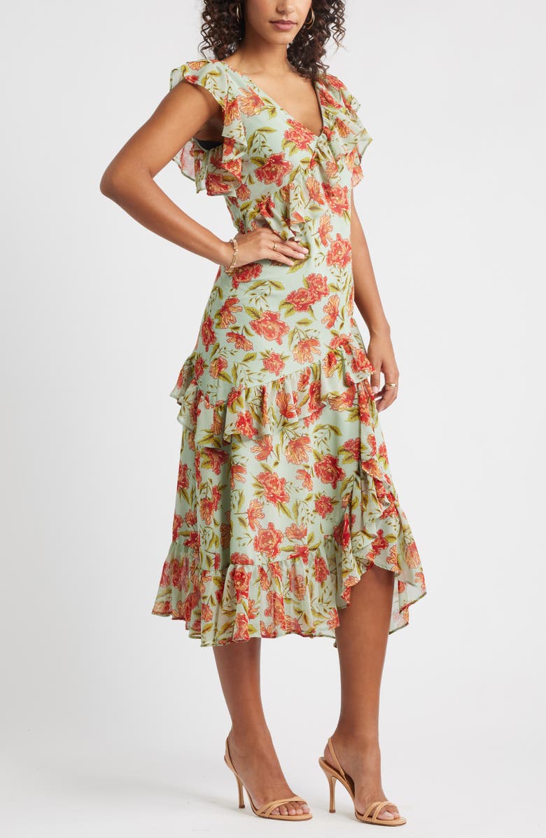 Chelsea28 Ruffle Tiered Chiffon Midi Dress, Alternate, color, Green- Red Frannie Floral