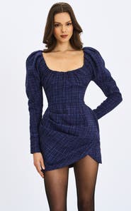 Miss Circle Denise Tweed Ruched Puff Sleeve Mini Dress