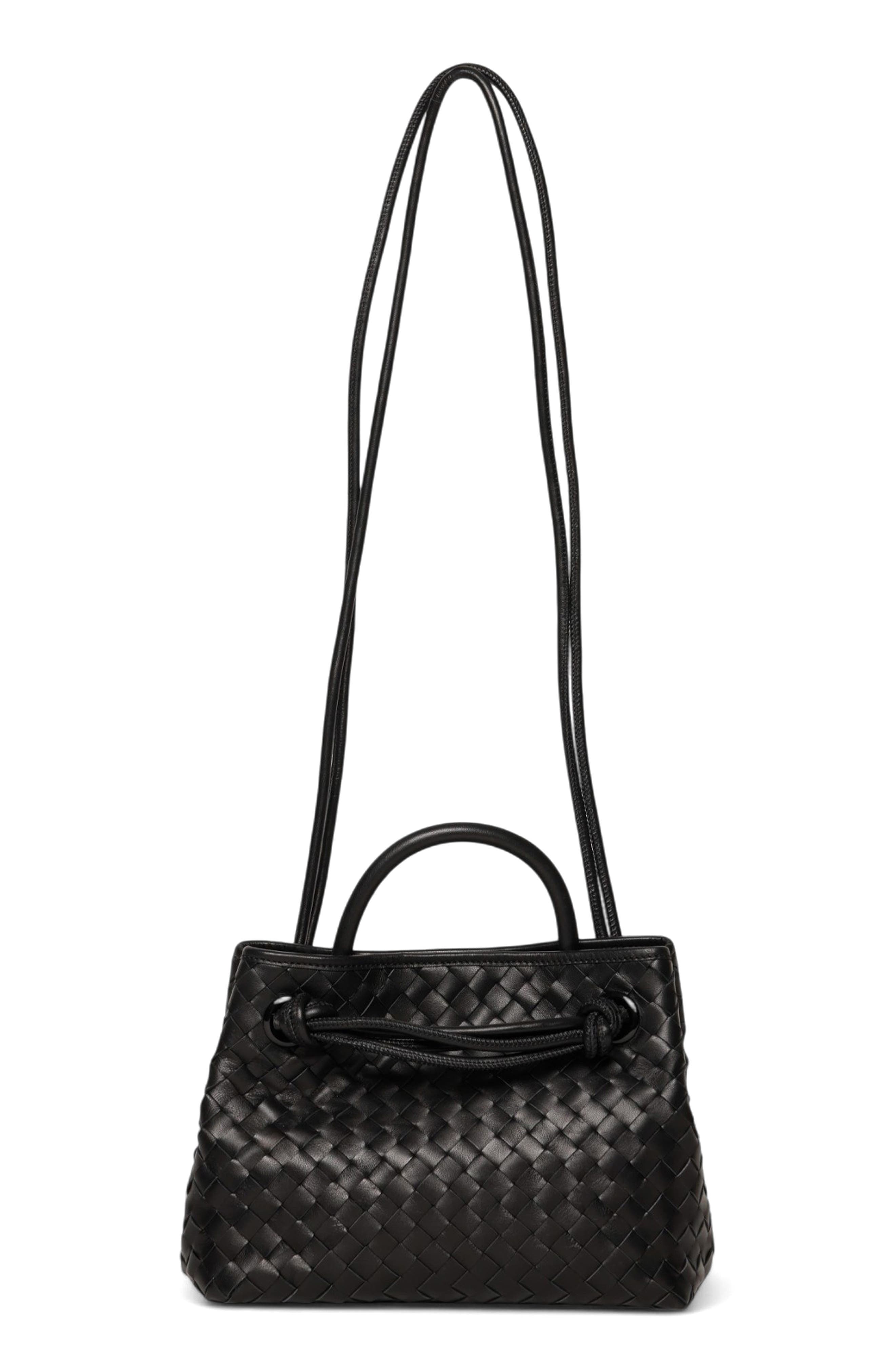 Hazel Mini Woven Leather Tote, Main, color, BLACK