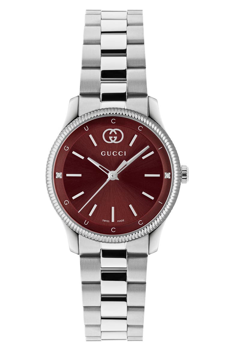 G-Timeless Diamond Slim Bracelet Watch, 29mm, Alternate, color, SILVER/ BURGUNDY
