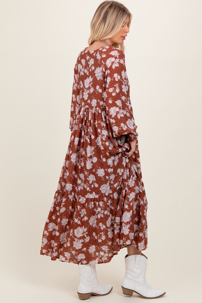 Floral Textured Bubble Sleeve Maxi Dress, Alternate, color, Rust