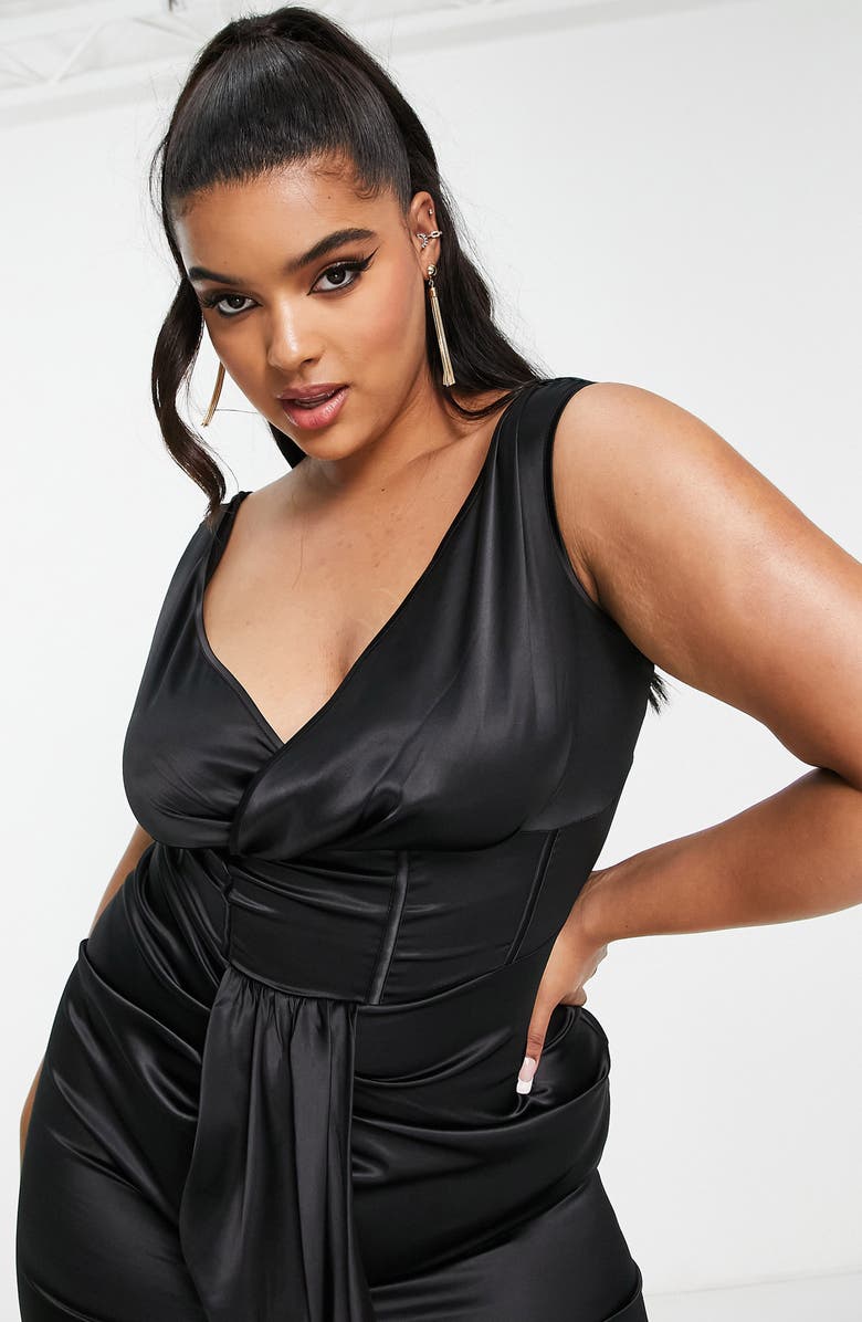 ASOS DESIGN Curve Corset Off-the-Shoulder Satin Midi Dress, Alternate, color, 