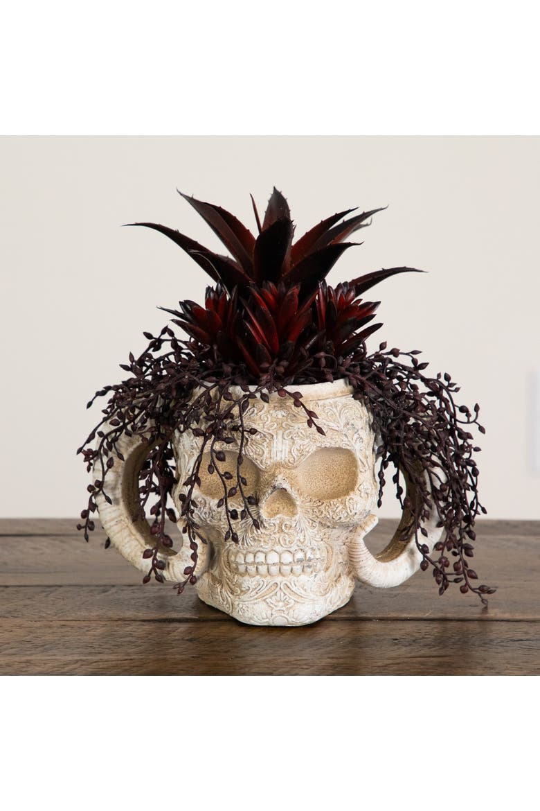 8-in Artificial Halloween Succulent Garden in Horned Skull Planter, Alternate, color, White/Purple
