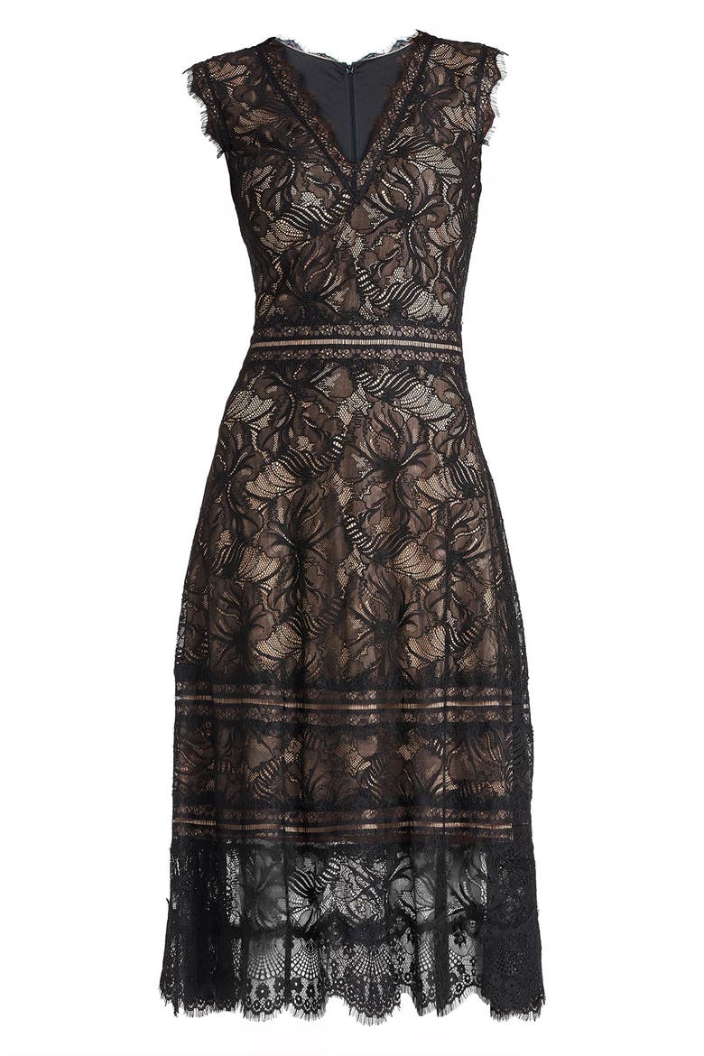 Lace V-Neck A-Line Dress, Alternate, color, BLACK BEIGE
