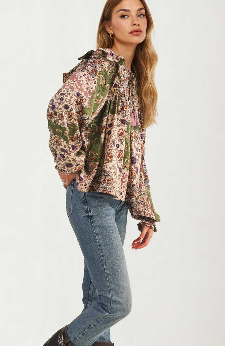 Knit and Lounge Boho Patchwork Ruffle Tassel Tie Neckline Blouse, Alternate, color,