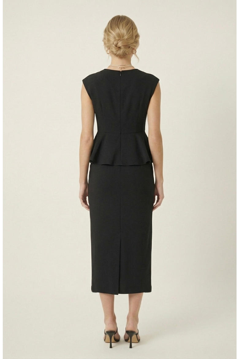 Sleeveless Peplum Top & Tailored Midi Skirt Set, Alternate, color, Black