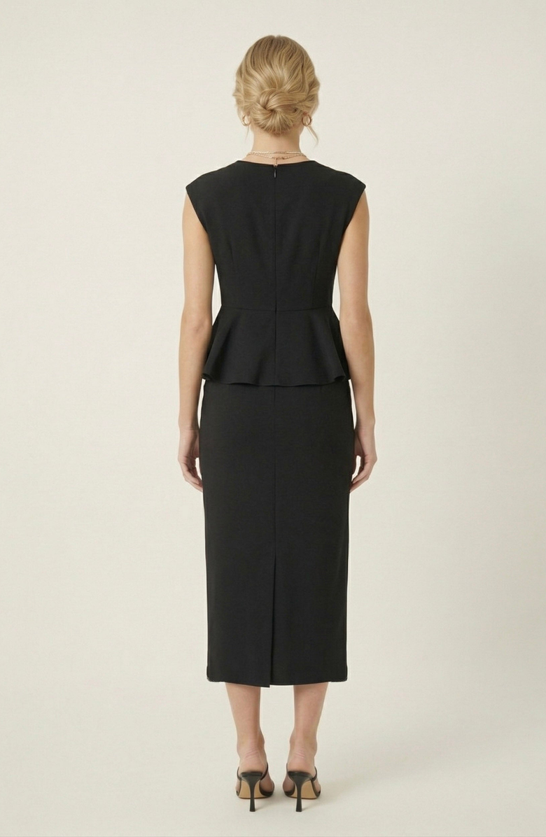 Modenaire Sleeveless Peplum Top & Tailored Midi Skirt Set, Alternate, color, Black