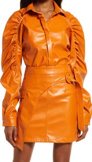 Amy Lynn Ruched Puff Sleeve Faux Leather Shirt