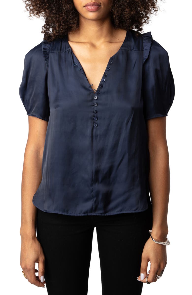 Zadig & Voltaire Twisty Satin Ruffle Top, Main, color, Sailor