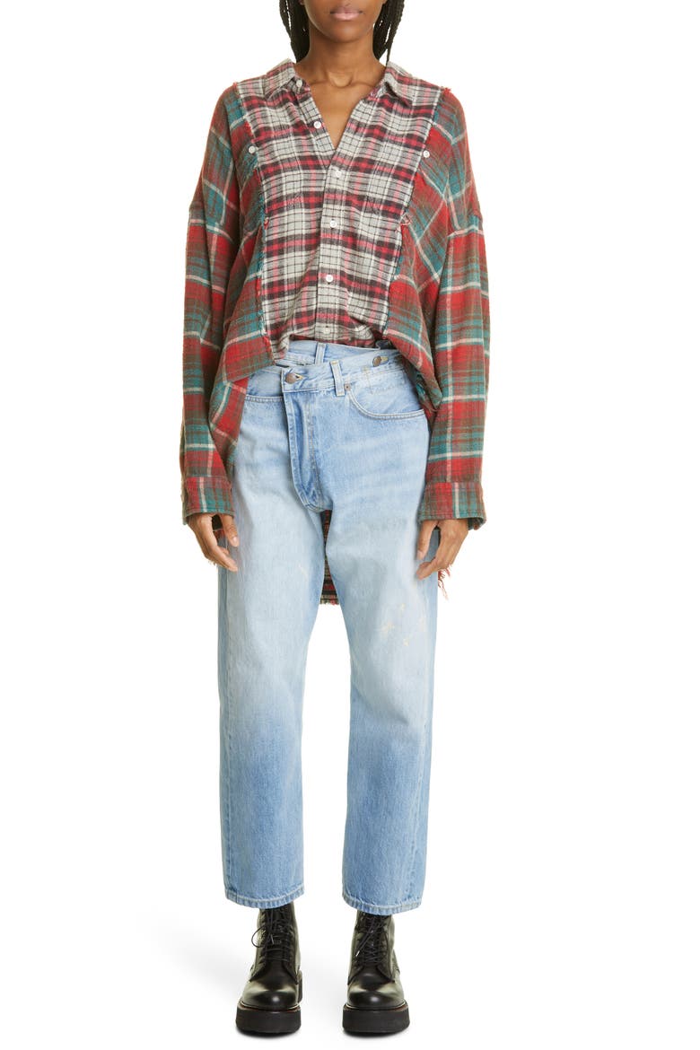 Women's Patchwork Plaid Cotton Flannel Button-Up Shirt, Alternate, color, GREY PLAID W/ BLUE-RED PLAID