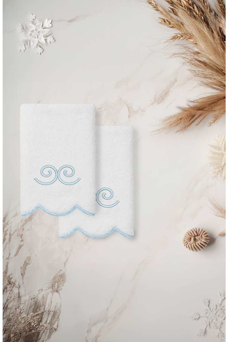 Symmetra Scallop Pack of 2 Fingertip Towels, Alternate, color, WHITE/ BLUE
