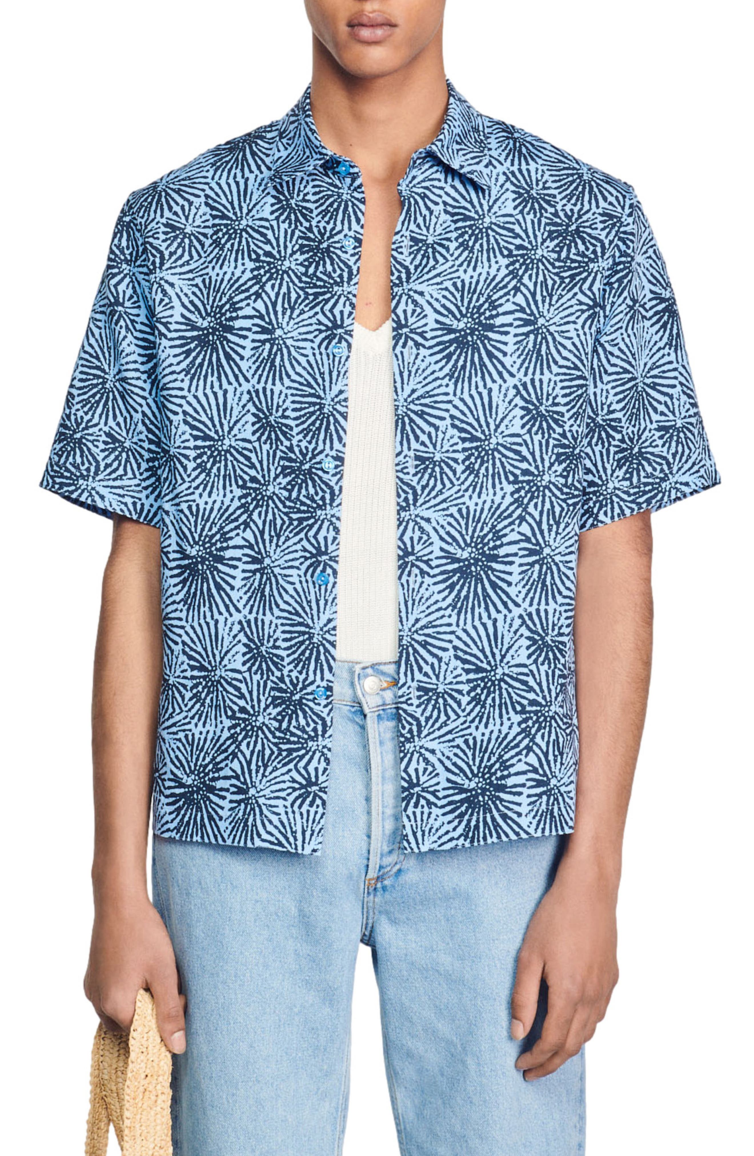 SANDRO Sea Urchin Short Sleeve Lyocell & Linen Button-Up Shirt