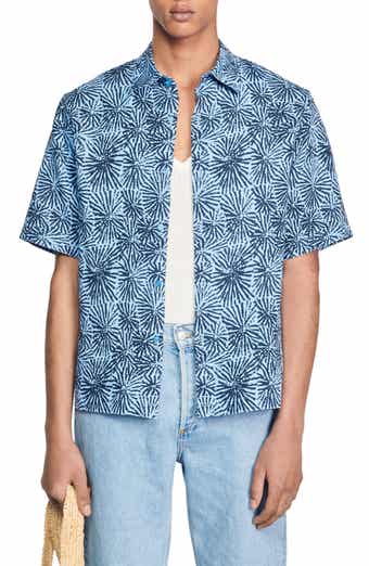 SANDRO Sea Urchin Short Sleeve Lyocell & Linen Button-Up Shirt