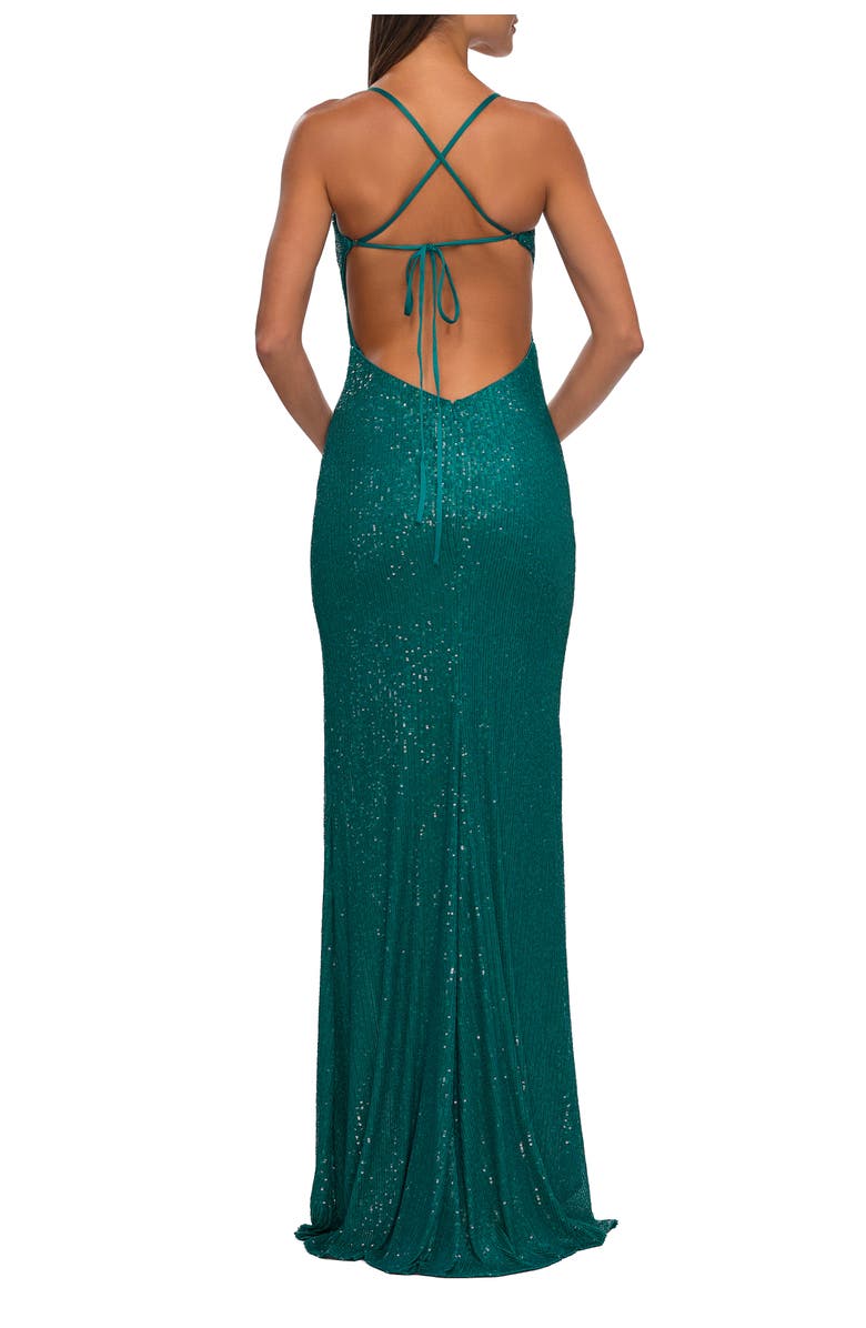 La Femme Line Sequin Stretch Prom Dress with Defined Cups, Alternate, color, Emerald