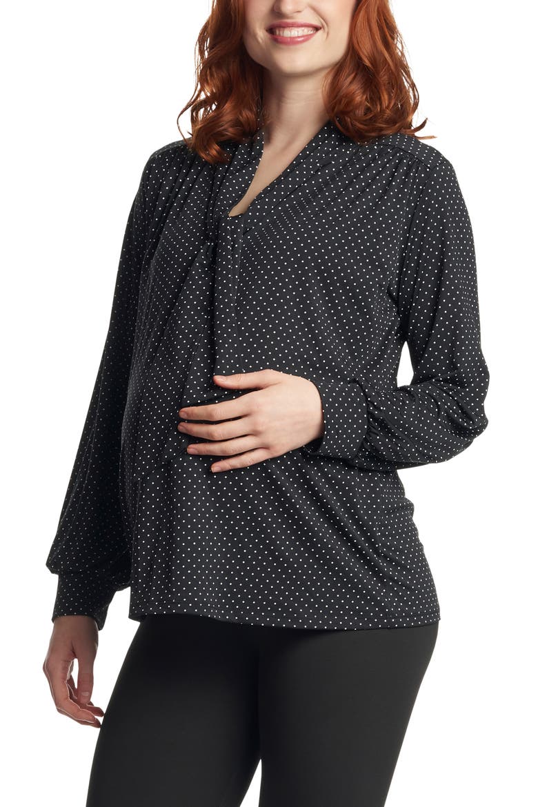 Vanessa Polka Dot Tie Neck Maternity/Nursing Top, Main, color, BLACK DOT
